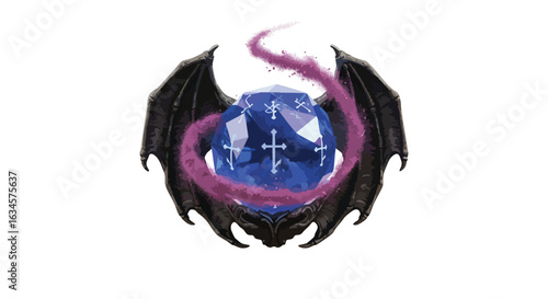 Vector Illustration of Dark Bat with Magical Blue Crystal in Gothic Style with Purple Smoke Accents