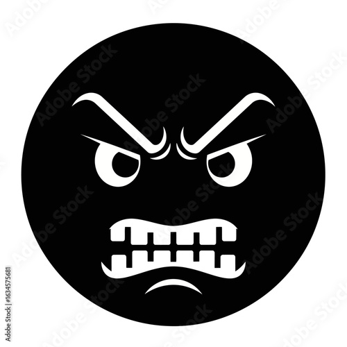 Vector art of black and white icon of an angry face emoji with bared teeth, isolated on a white background