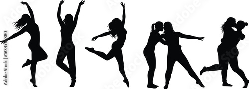 Dance silhouettes, expressive poses, solo and partner movement, performing arts theme, lifestyle vector, black graphic, emotional design, leap and lift
