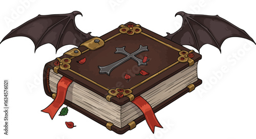 Vector Illustration of Gothic Fantasy Book with Bat Wings and Decorative Elements in Dark Organic Style