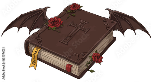 Dark Gothic Vector Illustration of Ancient Bible with Bat Wings and Roses in Vintage Style