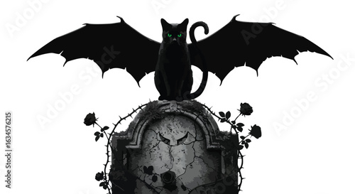 Gothic Vector Illustration of Bat Winged Cat on Tombstone with Dark Organic Style and Monochrome Palette