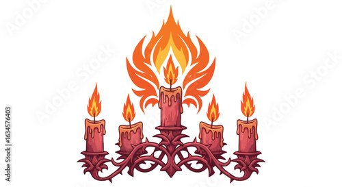 Decorative Vector Chandelier with Flaming Candles in Gothic Style for Fantasy Art and Halloween Designs