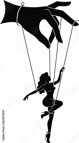 Female puppet silhouette, controlling hand, manipulation concept, power dynamics, psychological theme, vector art, black graphic, metaphorical design, strings control