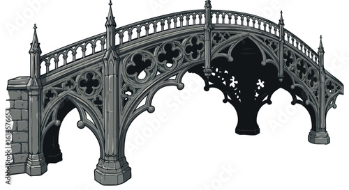 Gothic Bridge Vector Illustration with Ornate Arches and Decorative Elements in Vintage Style
