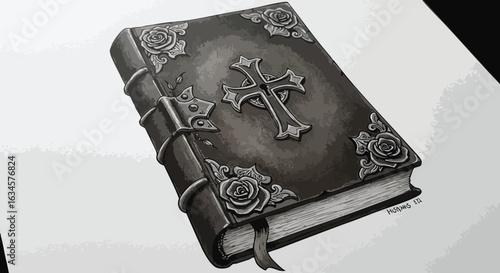 Vector Illustration of Gothic Book with Cross and Floral Decorations in Dark Vintage Style