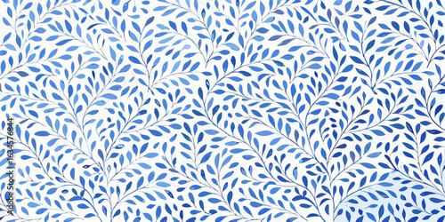 Blue watercolor willow branch pattern on white background
