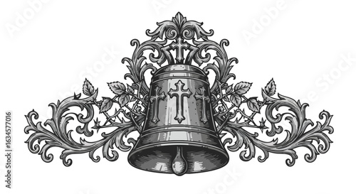 Vintage Ornate Bell Vector Illustration with Floral Scrollwork in Classic Gothic Style