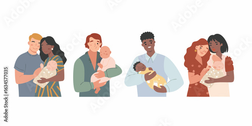 Diverse families holding and cuddling their babies with love and care