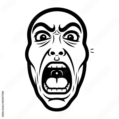 Vector art of closeup graphic illustration of an angry, screaming face with an open mouth, isolated on white background