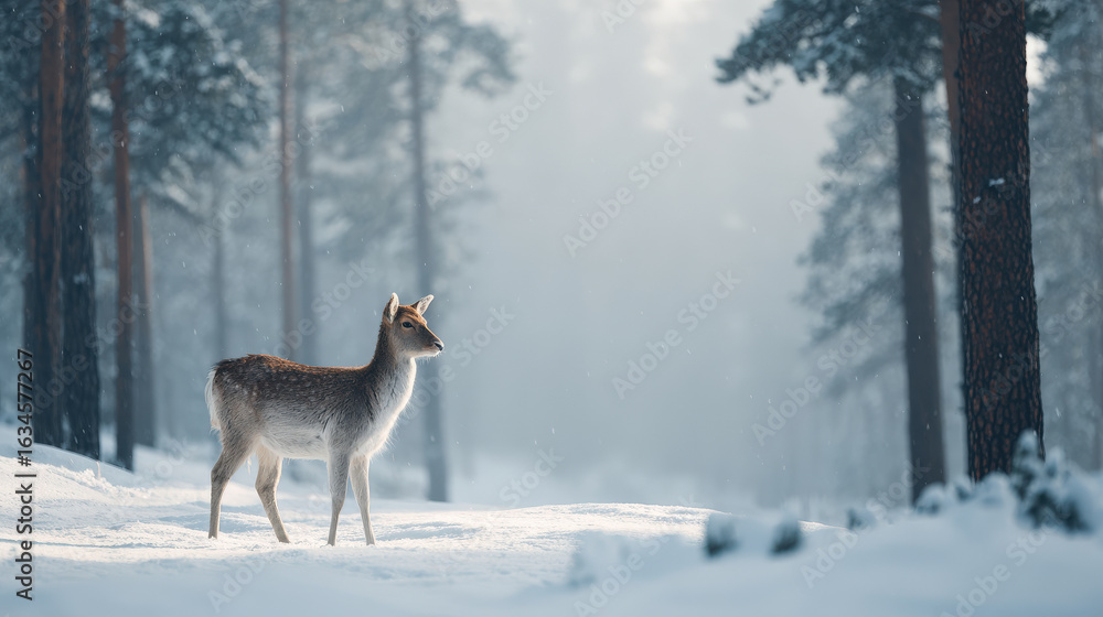 Fototapeta premium lone reindeer stands gracefully in serene winter forest embodying essence of minimalist christmas celebration in