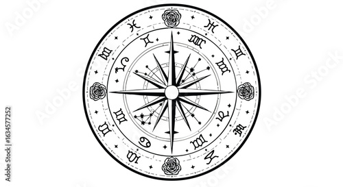 Vector Illustration of Ornamental Clock with Zodiac Symbols and Floral Accents in Vintage Style