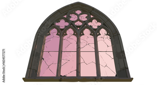 Gothic Arched Window Vector Illustration with Pink Stained Glass and Cracks Modern Vintage Style