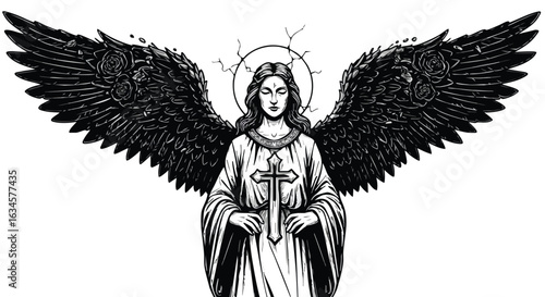 Vector Illustration of Angel with Detailed Wings in Classic Religious Style for Spiritual and Inspirational Designs