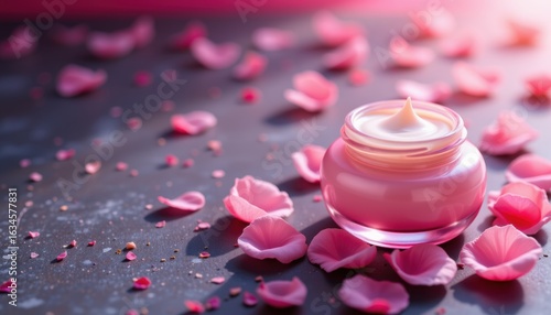 Elegant pink cream jar surrounded by petals beauty product studio setting close-up view luxurious concept