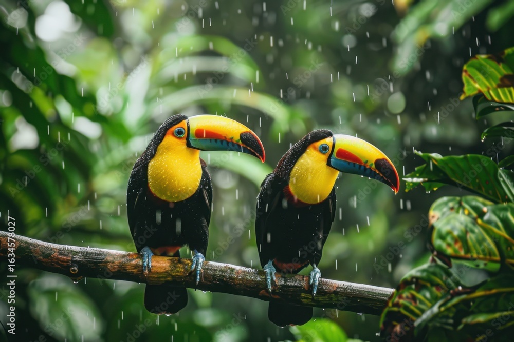 Obraz premium Toucan sitting on the branch in the forest, green vegetation, Costa Rica. Nature travel in central America. Two Keel-billed Toucan, Ramphastos sulfuratus, pair of bird with big bill. Wildlife.