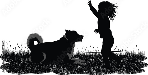 Silhouette, child with dog, grassy field, raised arm, pet interaction, outdoor play, friendship moment, vector art, black graphic, companionship