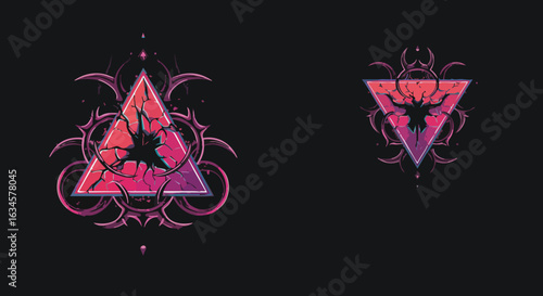 Vector Illustration of Demonic Triangular Emblems with Cracked Surface in Dark Pink and Purple Gothic Style