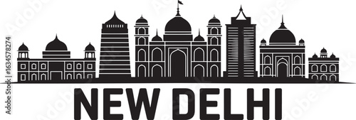New Delhi Cityscape Silhouette Vector Illustration India Urban Skyline Design Black and White Landmark