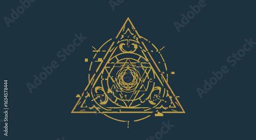 Geometric Vector Illustration of Esoteric Triangle with Sacred Symbols in Modern Minimalist Style with Gold and Dark Blue Colors