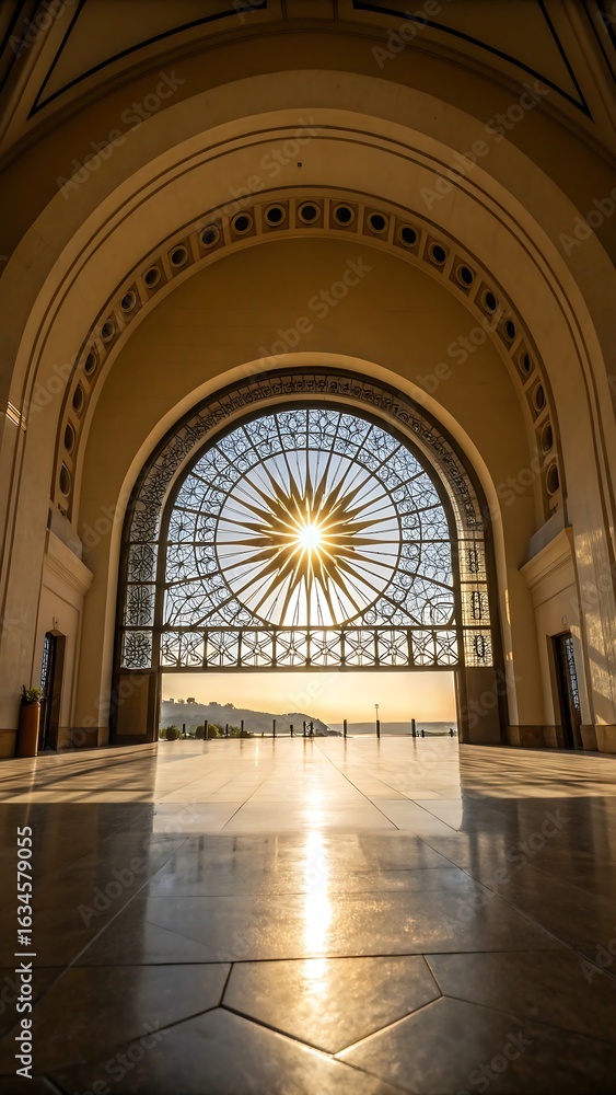 Fototapeta premium Majestic Grand Hall Architectural Marvel Bathed in Golden Sunlight Through a Stained Glass Window