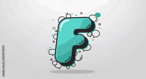 Stylized cartoon letter F of the alphabet in a modern 3D design. Bubbly typography with comic doodles and speech bubbles.