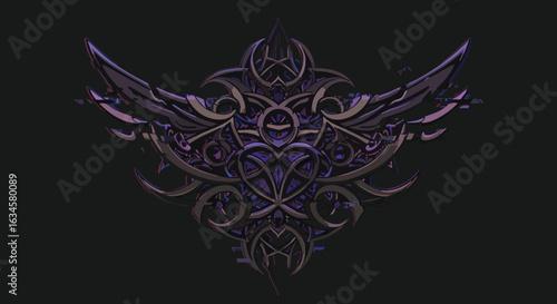 Vector Illustration of Intricate Tribal Style Design with Symmetrical Abstract Elements in Dark Purple and Black Colors in Modern Artistic Style