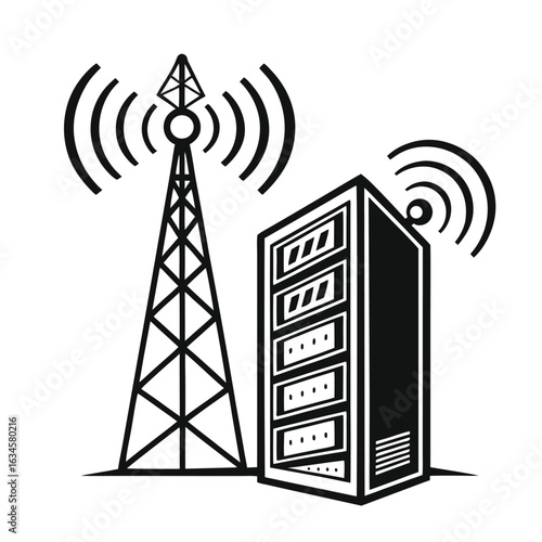 Graphic silhouette of a server rack and communication tower transmitting a wireless network signal. Black and white vector icon.