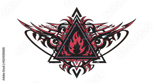 Vector Illustration of Tribal Flame Emblem with Geometric Triangles and Abstract Ornamental Elements in Modern Dark Color Scheme