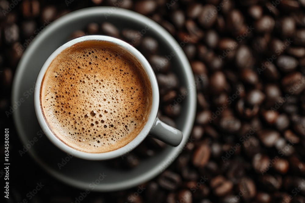 Fototapeta premium Espresso in a gray cup, surrounded by coffee beans (1)