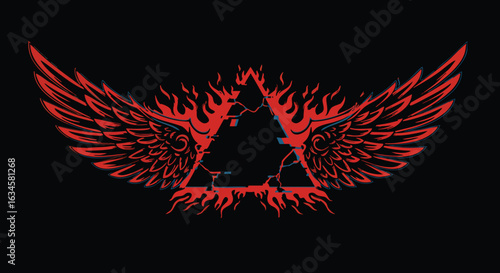 Vector Illustration of Winged Emblem with Flames in Modern Gothic Style Featuring Red and Black Colors