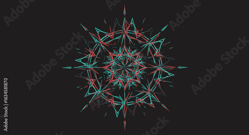 Vector Geometric Mandala Pattern in Modern Neon Style with Cyan and Red Colors