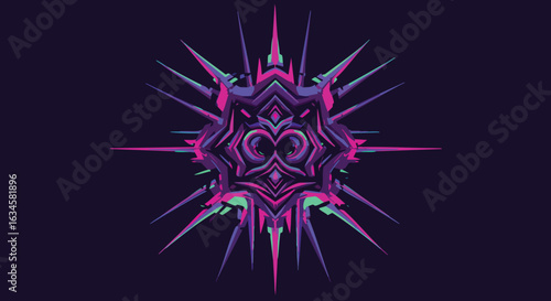 Vector Abstract Symmetrical Geometric Design with Spiked Elements in Neon Purple and Blue Colors in Modern Style