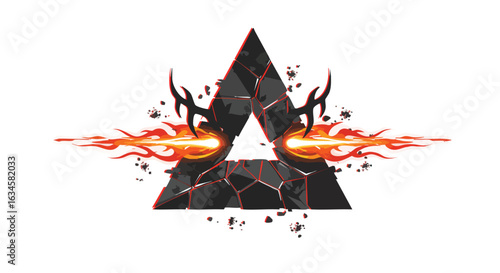 Vector Illustration of Cracked Lava Mountain with Fire and Horns in Fiery Modern Style