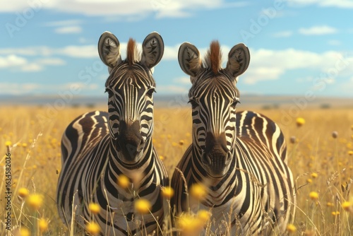 Two plains zebras (Equus burchelli) in natural habitat, South Africa.