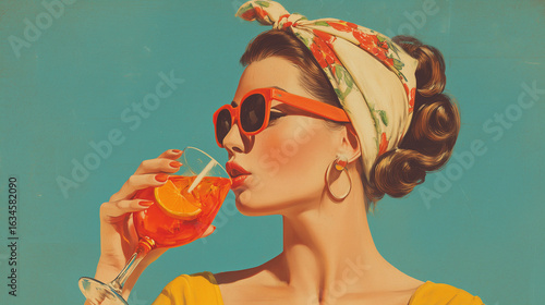 Bold mid century MCM commercial style image of a woman enjoying Aprerol spritz, copy space, 