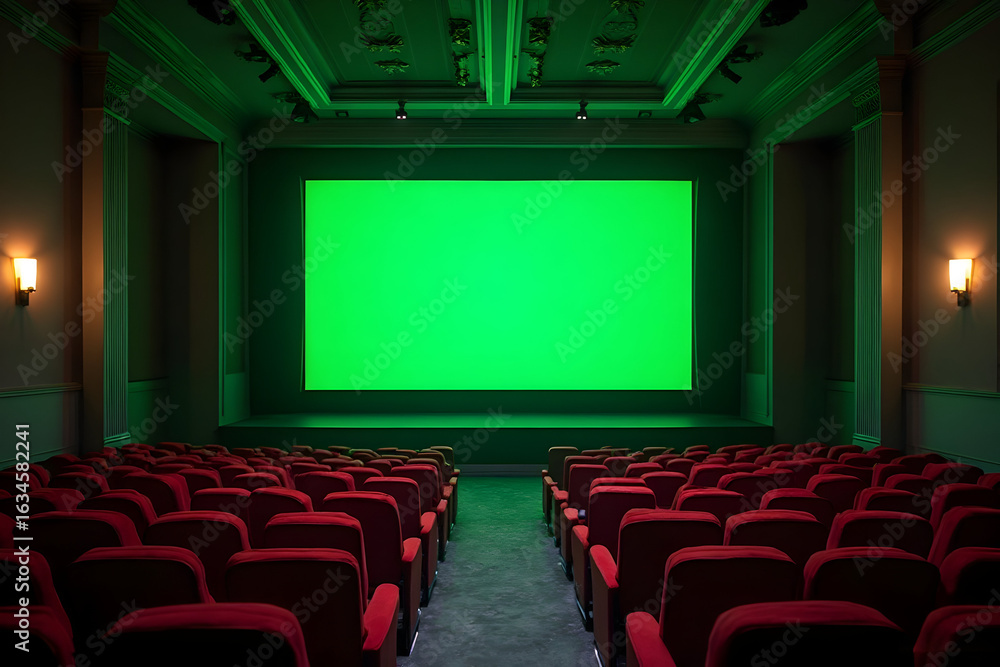 Fototapeta premium Empty Auditorium with Red Seats and Green Screen for Chroma Key