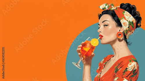 Bold mid century MCM commercial style image of a woman enjoying Aprerol spritz, copy space,  wide horizontal landscape format with copy space 16:9