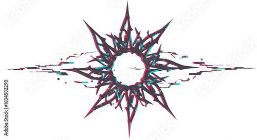 Abstract Vector Illustration of Distorted Spiked Circular Design in Modern Geometric Style with Dynamic Blue Red Colors