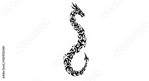 Vector Illustration of a Stylized Serpent in Tribal Design Style with Black and White Color Scheme
