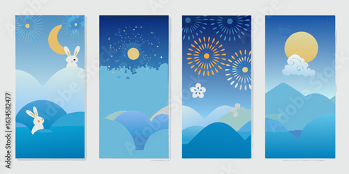 Cute bunny and moonlit fireworks over blue mountains