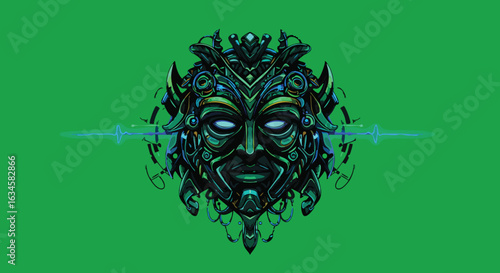 Futuristic Tribal Mask Vector Illustration with Abstract Geometric Elements in Dark Blue and Neon Green Style