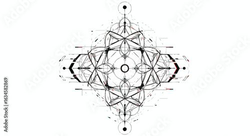 Abstract Geometric Vector Pattern with Symmetrical Lines Circles and Technical Design Style in Black White Colors