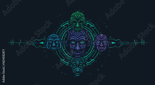 Vector Illustration of Tribal Masks with Futuristic Style and Neon Colors in Circular Composition