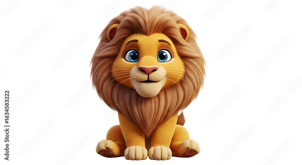 Fototapeta premium Cartoon Lion Smiling with Brown Mane Sitting on White Background
