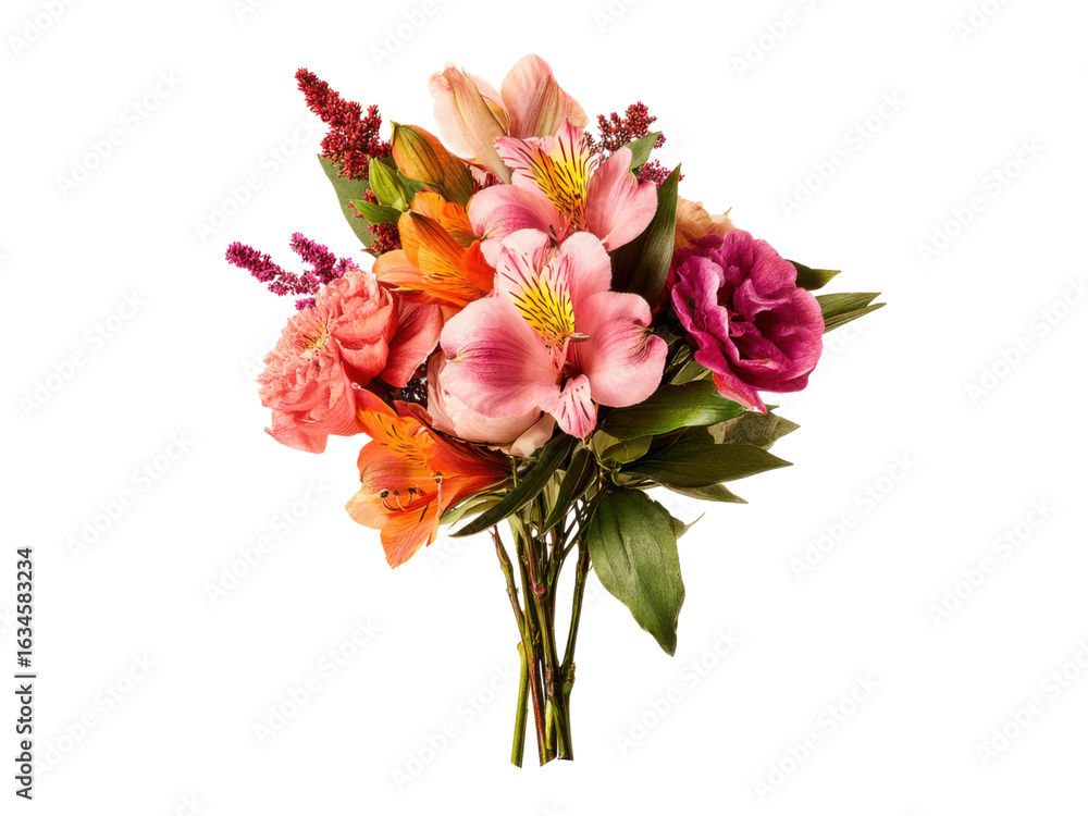 Fototapeta premium Pink orange purple floral arrangement vibrant blooms flowers, Isolated, Png Transparent Background