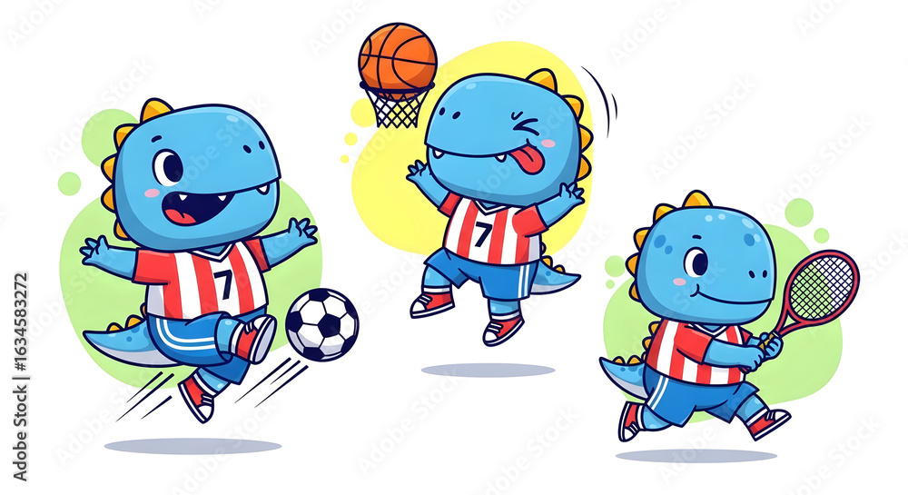 Obraz premium Cartoon Blue Dinosaur Playing Sports on White Background