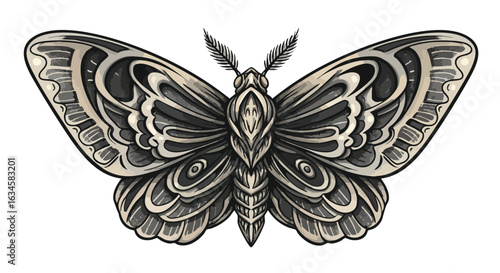 Vector Illustration of Moth with Detailed Wing Patterns in Vintage Style with Monochrome Shades