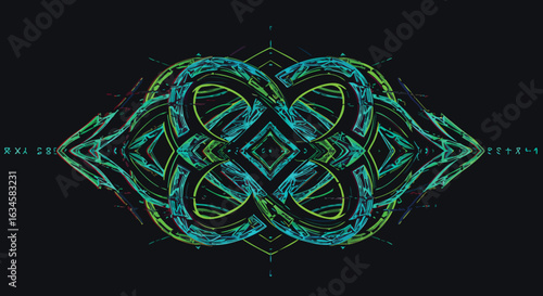Futuristic Abstract Vector Pattern with Symmetrical Geometric Elements in Neon Blue and Green Colors
