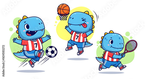Cartoon Blue Dinosaur Playing Sports on White Background